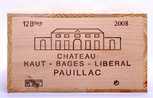 12 bts. Château Haut Bages Liberal, Pauillac. 5. Cru Classé 2008 A hfin. Owc.