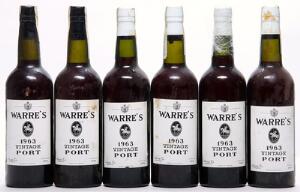 6 bts. Warres Vintage Port 1963 Bottled in DK. A-AB bn.