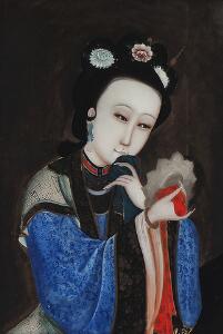 Kinesisk hinterglasglas billede med fornem kvinde, 19. årh. I ramme. Billede 47,5 x 32,5 cm.
