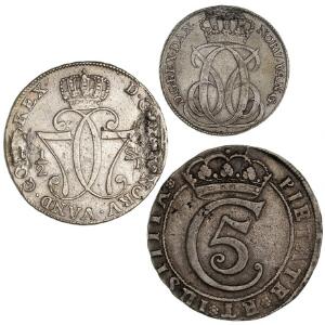 4 mark  krone 1681, H 67B, 24 skilling 1741, H 7B, monteringsspor samt Norge, 12 speciedaler 1777 HIAB, NM 18, H 3, monteringsspor