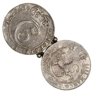 Norge, Christian V, 4 mark  krone 1697, NM 191, H 73, 4 mark  krone 1671-74 , NM 66-69, H 41A, begge monteret som bæltespænde