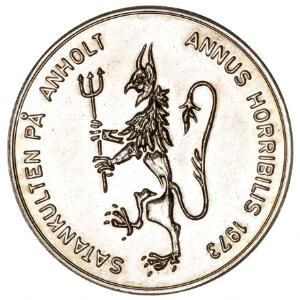 Mønter fra Satankulten på Anholt af 13 maj 1973, i zink, messing, kobber og sølv, i alt 8 stk. hvoraf en prøve i zink samt en kontramarkeret i kobber