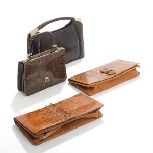 Fire vintage tasker af alligator- og slangeskind. H. 15,5-23,5. 1950-60erne. 4