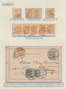 1902. 1 øre orange. Udstillingsplanche med diverse varianter samt dobbelt brevkort sendt til Belgien.