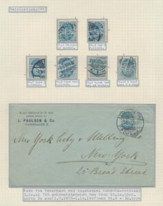 1895. 20 øre blå, tk. 12 34. Udstillingsplanche med matricetyper og brev til USA.