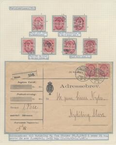 1902. 10 øre rød, tk. 12 34. Udstillingsplanche med matricetyper og adressebrev fra Struer 26.02.1903 til Nykøbing Mors.