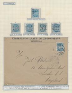 1902. 20 øre blå, tk. 12 34. Udstillingsplanche med varianter og brev fra København 11.5.1903 til England.