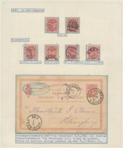 1884. 10 øre, rød. tk. 14. Udstillingsplanche med bl.a. diverse klichefejl og brevkort med variant åbent nul.