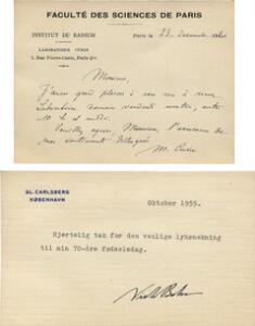 Marie Curie - Niels Bohr - Martin Knudsen Autograph letter card and typewritten letter signed by Marie Curie. 1921 and 1926.  Letter card by Bohr.