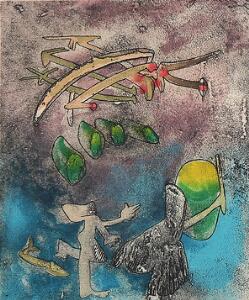 Roberto Matta Figurkomposition. Sign. monogram 88125. Ætsning i farver. Lysmål 39 x 30.