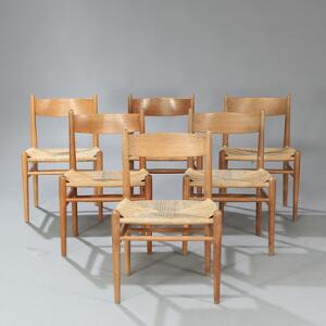 Hans J. Wegner Sæt på seks stole med stel af eg. Sæder udspændt med flettet papirgarn. Model CH36. Formgivet 1962. 6