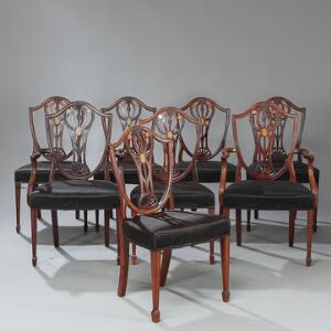 Sæt på otte engelske stole af mahogni, heraf et par armstole.  Hepplewhite type, 19. årh. 8.