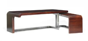 Posborg  Meyhoff Skrivebord med tilhørende sidebord af macassar, opsat på vinklet stel af børstet stål. Udført hos Sibast. 2