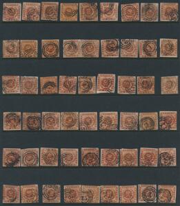 1858. 4 sk. brun. Planche med 54 pæne mærker.