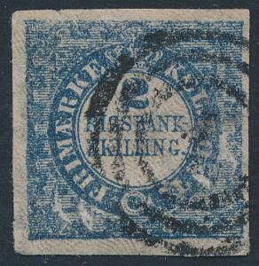 1852. 2 RBS Thiele, blå. Plade 1, nr. 1, type 1 . Nydeligt mærke med et par småfejl. Udtalelse Nielsen.