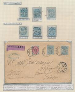 1884. 20 øre, blå, tk. 14. Udstillingsplanche med matricetyper og pengebrev fra Kerteminde.