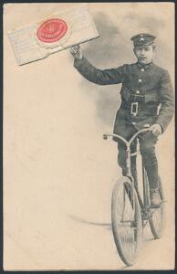 Postkort. Cykelpostbud med telegram i hånden. Brugt brevkort fra Hellerup 29.6.04 til Svendborg.