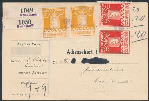 1915-1930. Par 20 øre, rød og 2 stk. 1 kr. orange ene med rundt hjørne, på adressekort til Julianehaab.