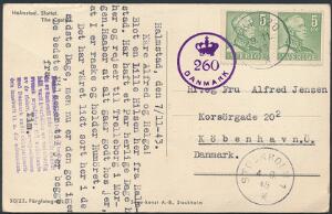 1943-1945. Interessant censurkort sendt til Danmark, og tilbageholdt i Sverige fra 9.11.43 og frem til 4.6.45 tilbageholdt i 1 12 år.