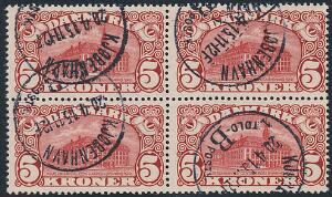 1912. 5 kr. Posthus, brunrød. Vm.III. Stemplet 4-BLOK med variant i nedre venstre mærke PLET I K pos.13. AFA 6700
