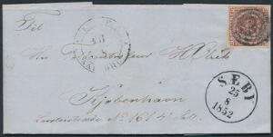 1852. 4 RBS Thiele I, rødbrun. på brev til København, sidestempel SÆBY 25.8.1852 og AALBORG.