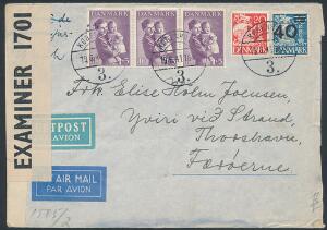 1941. Censureret Luftpostbrev fra  Danmark, over Berlin-Lissabon til Thorshavn. Tysk og engelsk censur.