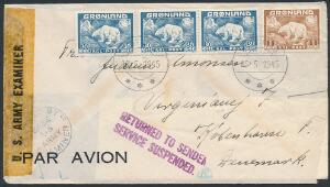1938. Isbjørn. 30 øre, blå 3 stk.  1 kr. brun, på censurbrev til Danmark. Violet stempel RETURNED TO SENDER SERVICE SUSPENDED. Sjælden forsendelse.