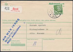 1962. Rigsvåben. 25 kr. grøn. SINGLE på adressekort.