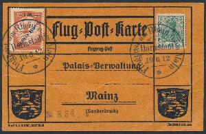 Tysk Rige. 1912. 1 M på 10 Pf. rød. Gelber Hund. På Luftpostkort med 5 Pf. Germania, grøn. Michel EURO 280