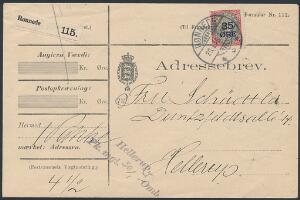 1912. 3520 øre, gråkarmin. Single på adressebrev til Hellerup, annulleret i RØNNEDE 29.1.15. Sjælden brugs-forsendelse.