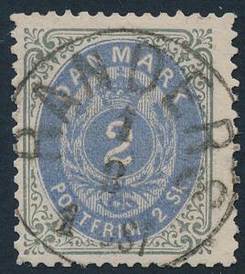 1870. 2 sk. gråblå. PRAGT-mærke med helt retvendt stempel RANDERS