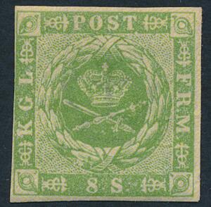 1854. 8 sk. grøn. Fuldrandet postfrisk mærke. AFA 7000