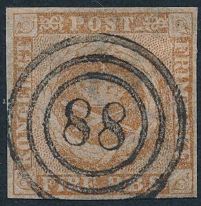 1854. 4 RBS Thiele III, OKKERGUL. PRAGT-mærke med skarpt og retvendt nr.stempel 88. Sjældent.