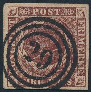 1853. 4 RBS Thiele II, mørk rødbrun. PRAGT-mærke med brede rande og smukt placeret nr.stempel 29.