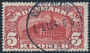 1915. 5 kr. Posthus, brunrød. Vm.IV. PRAGT-mærke.