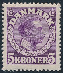 1918. Chr. X, 5 kr. Rødviolet. Variant BRUD PÅ EGEKRANSEN. Sjælden postfrisk variant. AFA 6000