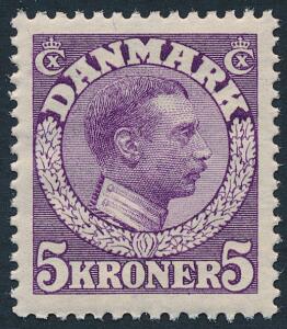 1918. Chr. X, 5 kr. Rødviolet. Perfekt centreret postfrisk mærke. AFA 1500