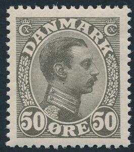 1921. Chr. X, 50 øre olivgrå. Perfekt centreret postfrisk mærke. AFA 1400
