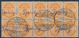 1902. 1 øre, orange. 10-BLOK med violet liniestempel Tjæreby og stemplet DALMOSE SKJELSKØR 8.10.02.