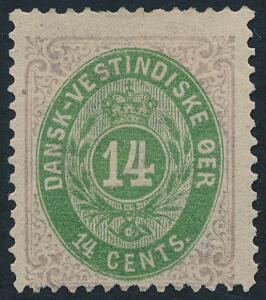 1873. 14 cents, lillagrøn. Ubrugt mærke med en enkelt afkortet tak foroven. AFA 7000. Attest Grønlund.