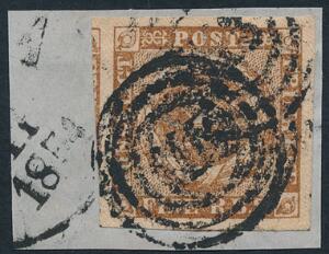 1854. 4 RBS Thiele III, nøddebrun. Bredrandet mærke på lille brevklip, med nr.stempel 113 ALTONA. AFA 2600. Attest Grønlund.