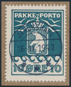 1937. Schultz. 10 øre, grønblå. LUXUS-stempel JAKOBSHAVN 16-11-1940.