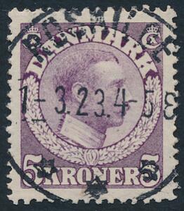 1918. Chr. X, 5 kr. violet. LUXUS-stempel ROSKILDE 1-3-23. Et svært mærke i denne kvalitet