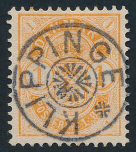 1902. 1 øre, orange. Med skarpt og perfekt stjernestempel KLIPINGE.