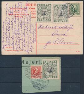 1906. Julemærke på klip med stj.stempel TYLSTRUP samt postkort med 2 stk. 1906, annulleret med VEILE-GIVE togstempel. Dekorative