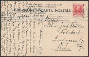 1907. Fr. VIII, 10 øre, rød. Pos. 83 Klichébrud. Fint postkort fra Kjøbenhavn til Wien. Sjælden variant på forsendelse. AFA 2000
