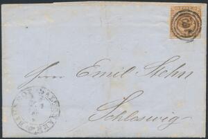 1854. 4 RBS Thiele III, olivenbrun. Bredrandet mærke på brev til Schleswig.
