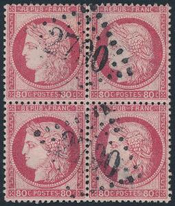 Frankrig. 1871. Ceres. 80 c. karmin. Smuk, stemplet 4-BLOK. Sjælden enhed.