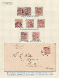 1884. 10 øre rød, tk. 14. Planche med varianter bl.a. 2 stk. med streg til venstre for skjold. Desuden brev til Sverige.