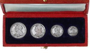 England, Victoria, Maundy Set 1897, 4, 3, 2, 1 Pence i sølv i original æske